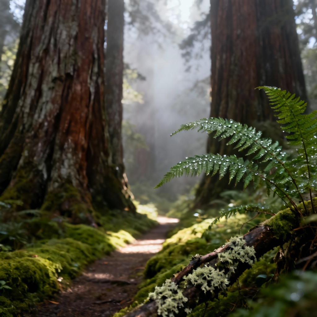 AI misty forest path in ancient redwoods