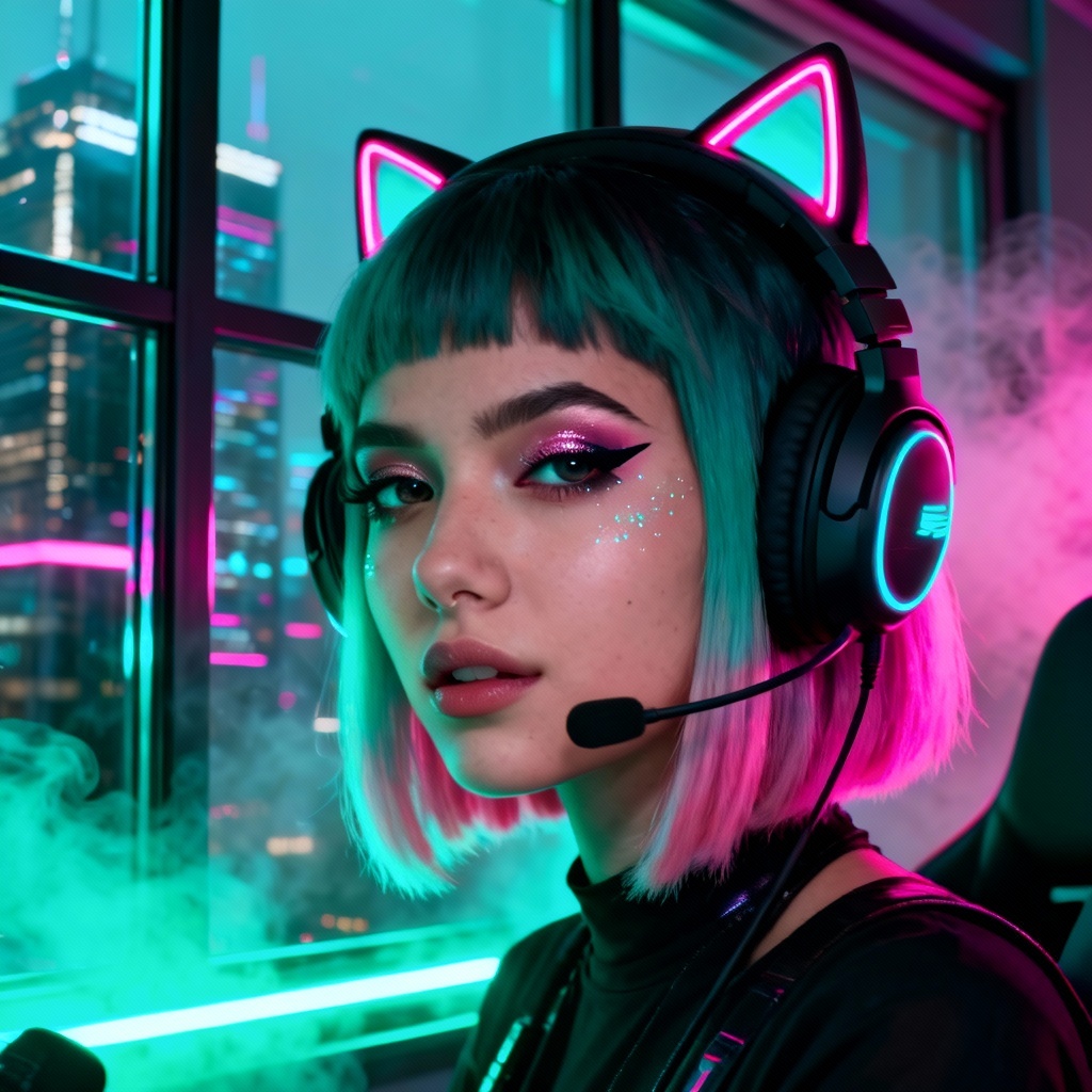 AI cyberpunk e-girl streamer with neon lights