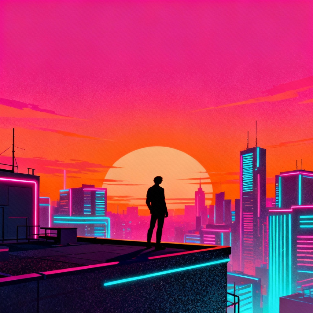 Synthwave cyberpunk wallpaper with sunset on rooftop