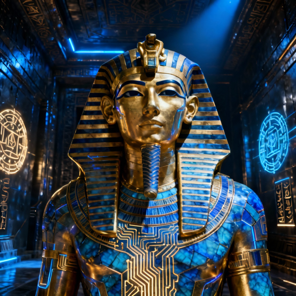 AI cyberpunk pharaoh with neon gold circuitry
