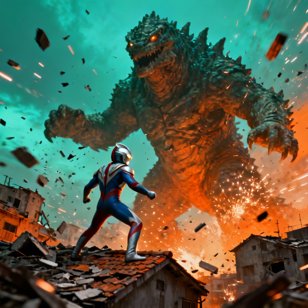 Ultraman-style rooftop battle with giant monster