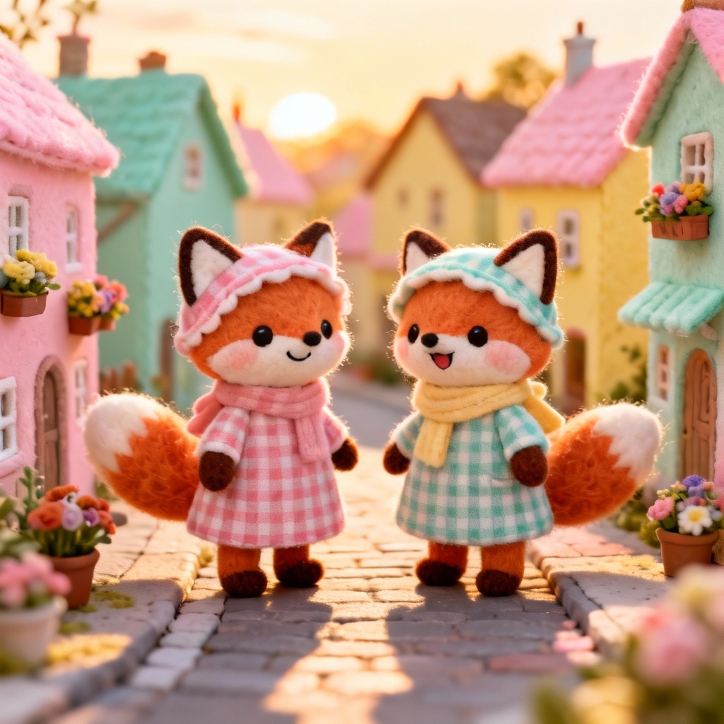 AI sylvanian pet fox siblings in pastel village outfits