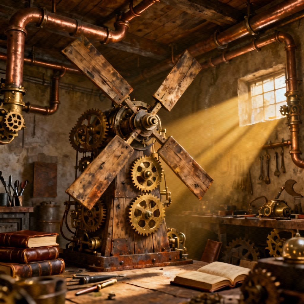 AI steampunk windmill workshop with brass gears