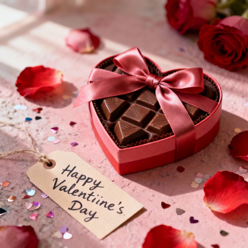 Valentines day image with chocolate box, ribbon, and roses