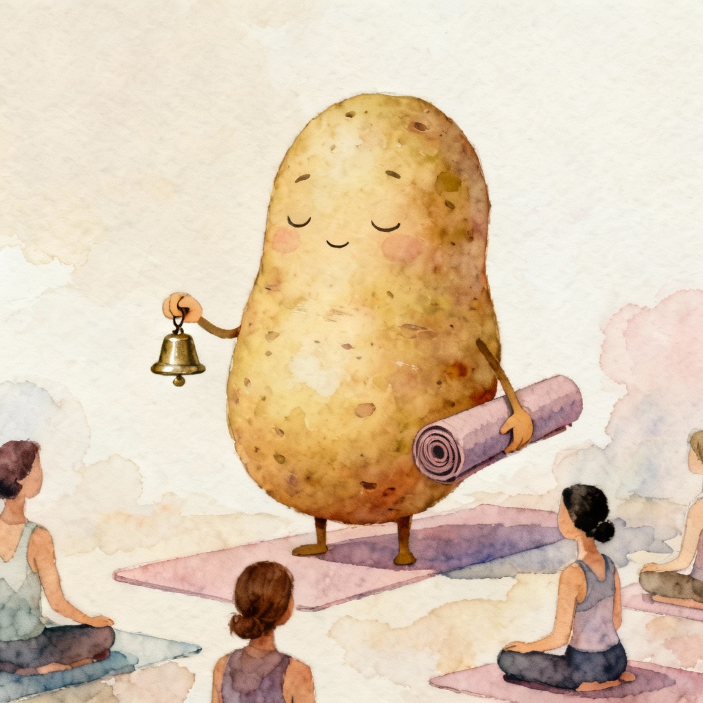 Watercolor coach potato teaching a calm yoga class