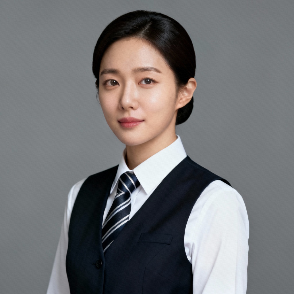 Studio portrait of adult model in K-uniform vest and tie