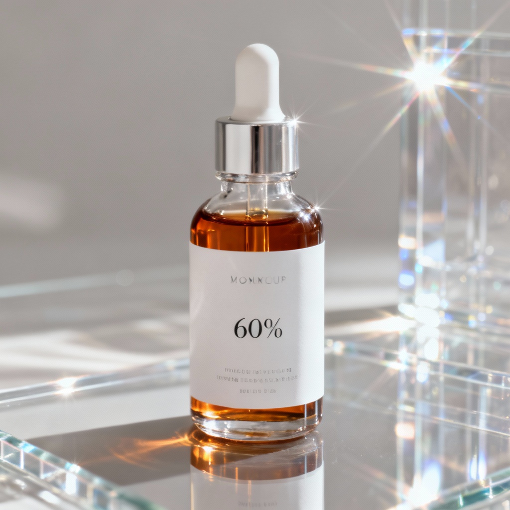 Photoreal clear glass dropper bottle with label on transparent background