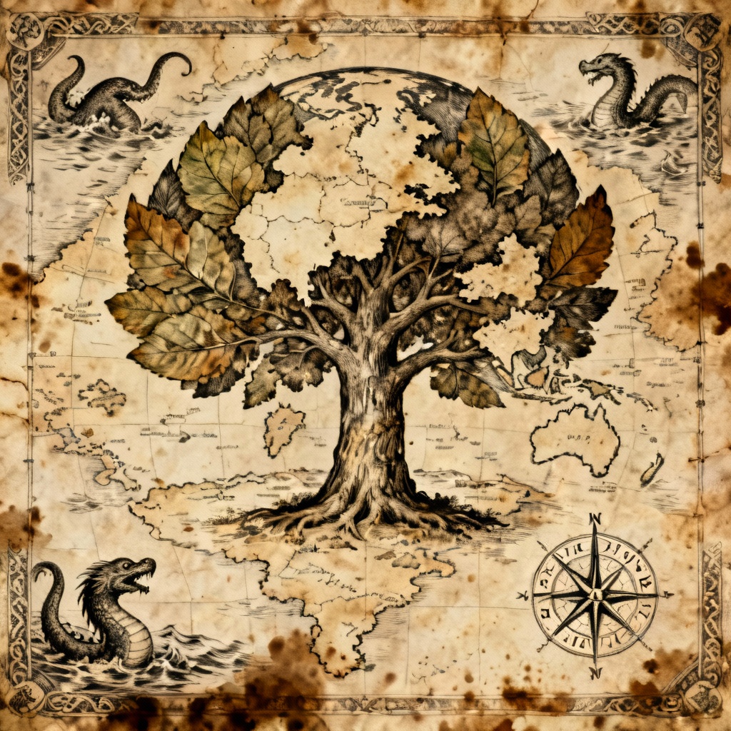 Ancient mythic world map around a world tree