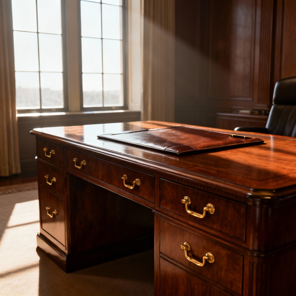 AI presidential desk in classic mahogany with morning sunlight