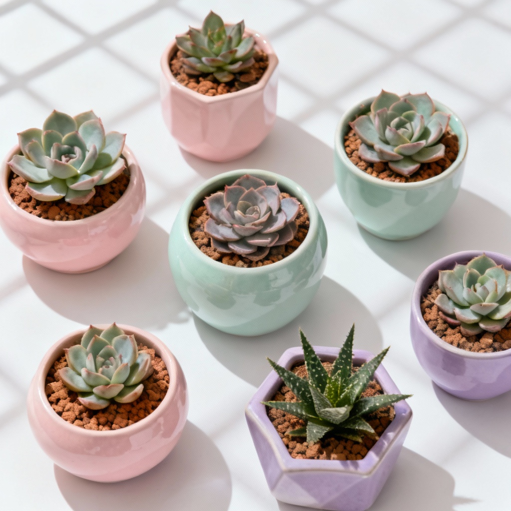 Top-down succulent grid with textures and colors