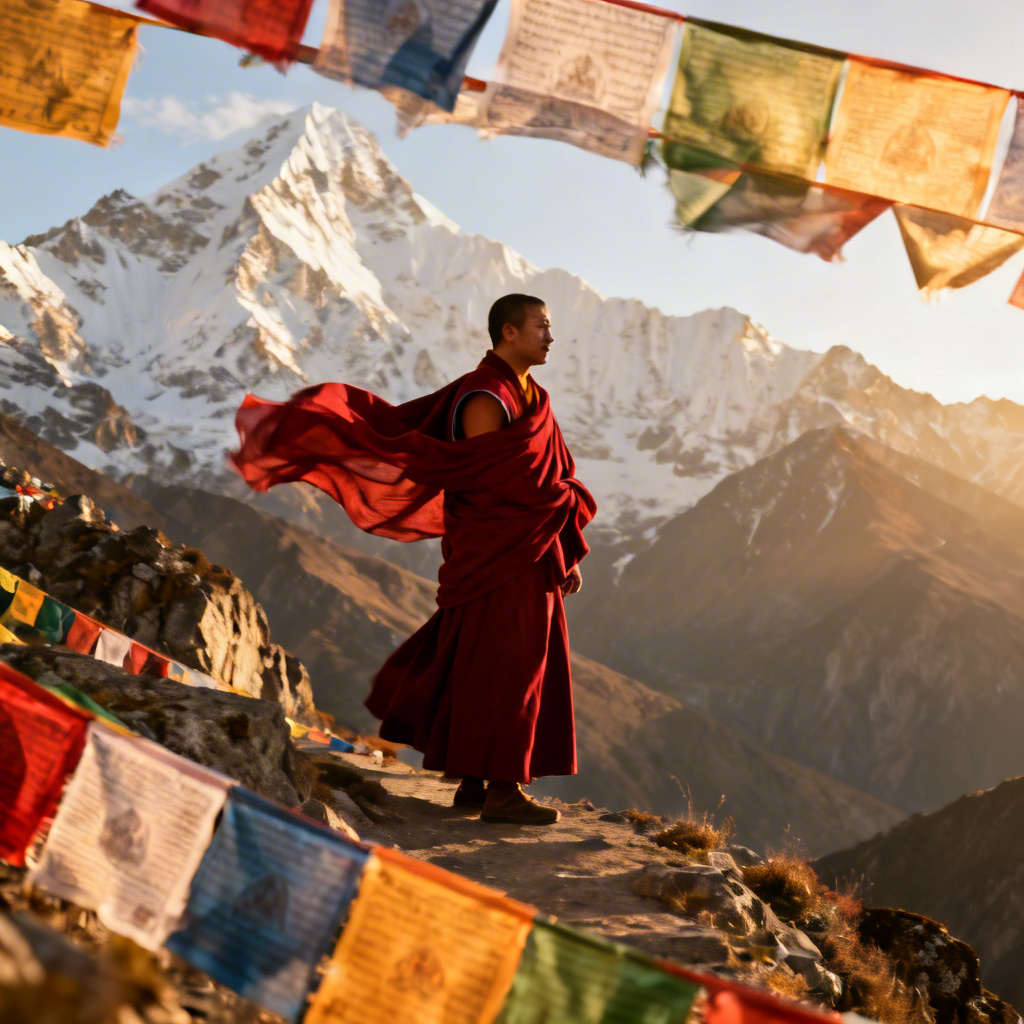 AI Tibetan monk with prayer flags on a mountain pass
