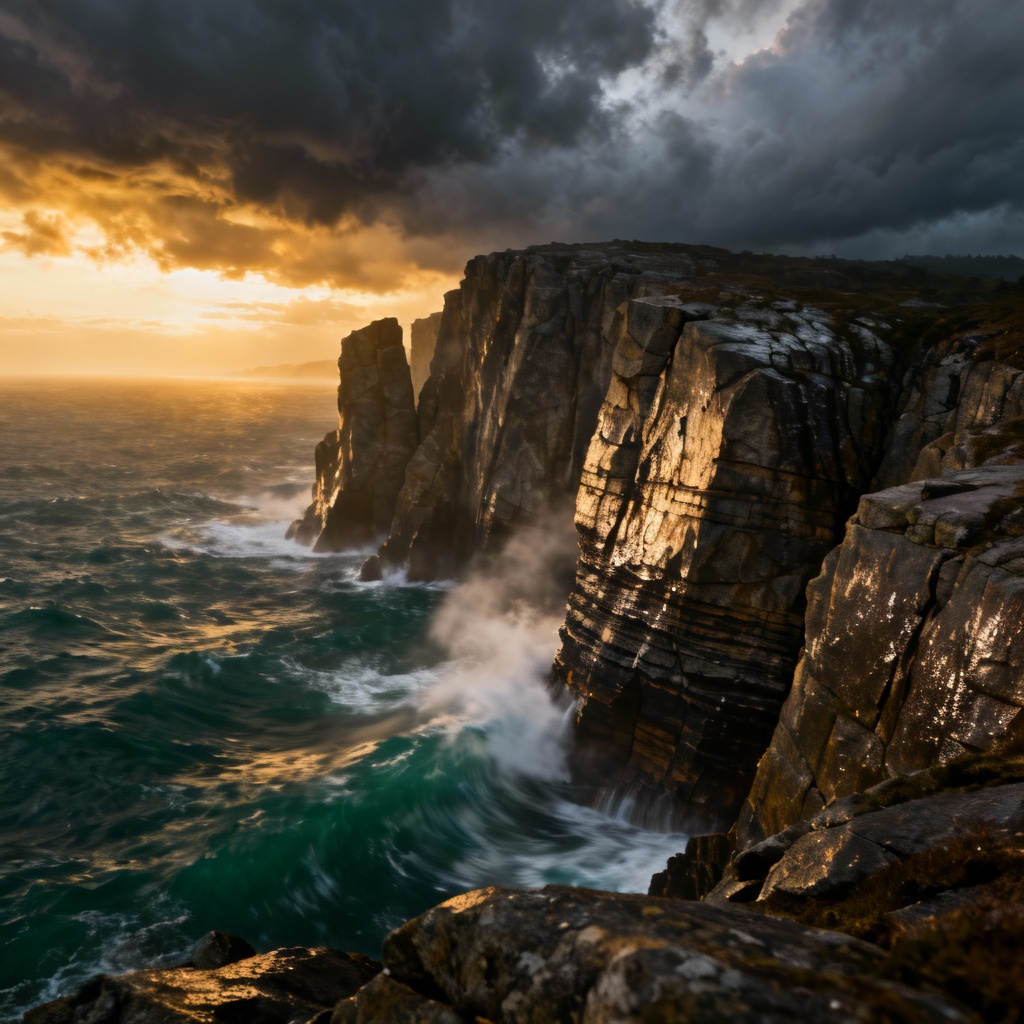 AI rocky coastline with stormy granite cliffs at dusk