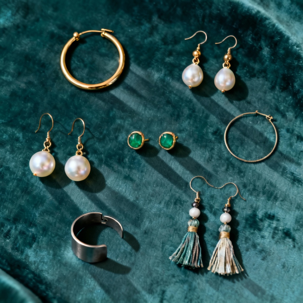 AI Earrings Generator hero image showing assorted earrings on velvet background