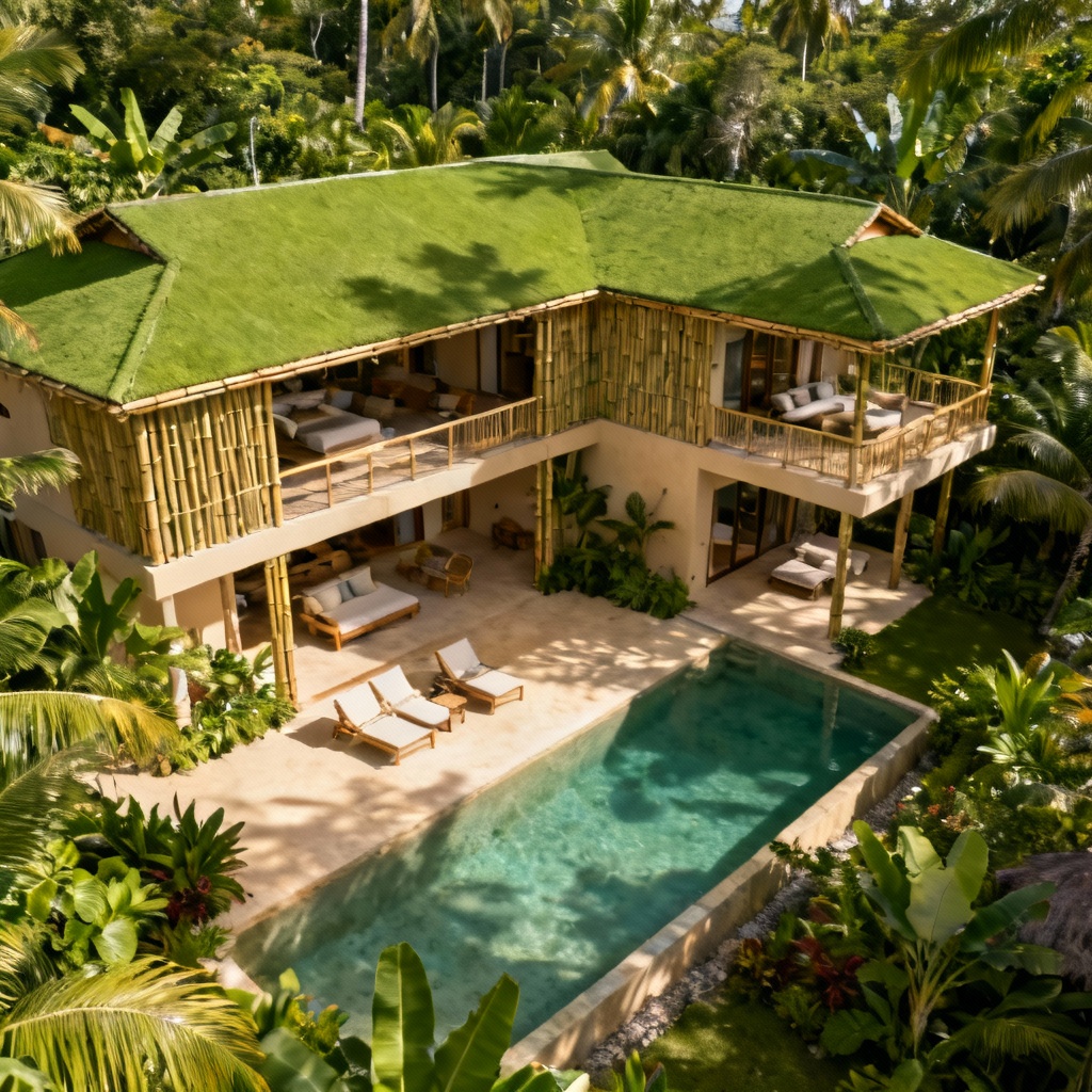 AI tropical eco mansion with green roof and lagoon pool