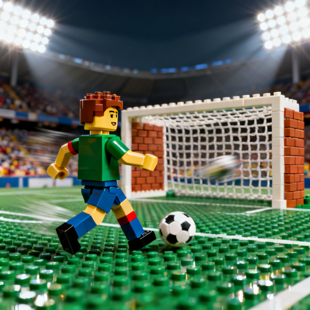 AI worldcup-lego penalty kick on a studded brick field