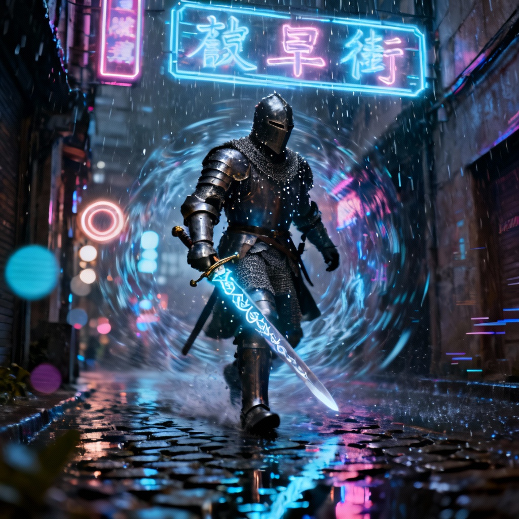 AI cyberpunk alley with medieval knight time drift