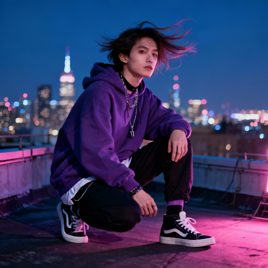 AI rooftop fashion scene with urban skyline background
