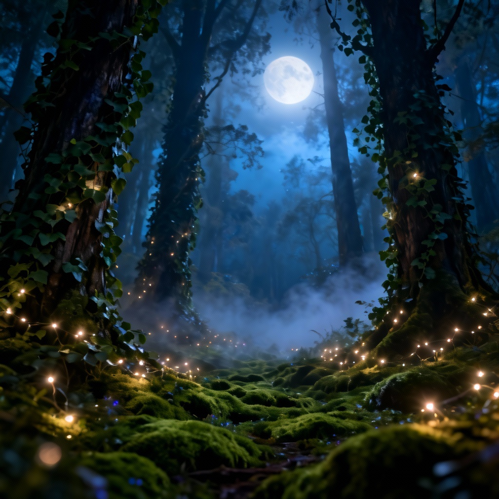 AI enchanted forest backdrop with fairy lights and mist