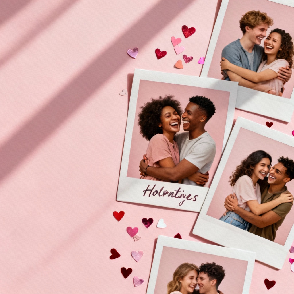 Cute valentines collage of diverse couple photos with confetti hearts
