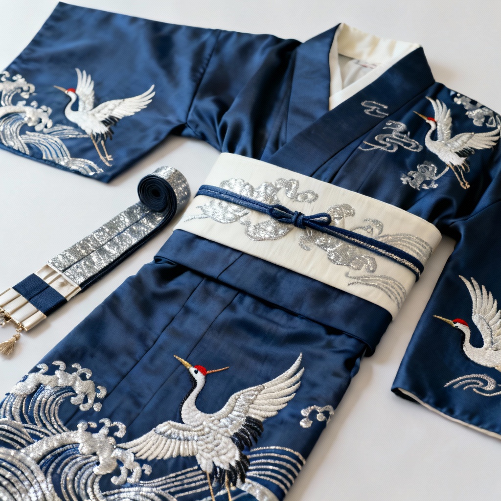 AI decorative kimono with crane embroidery and obi