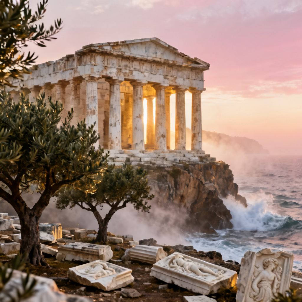 AI Greek marble temple at seaside sunset