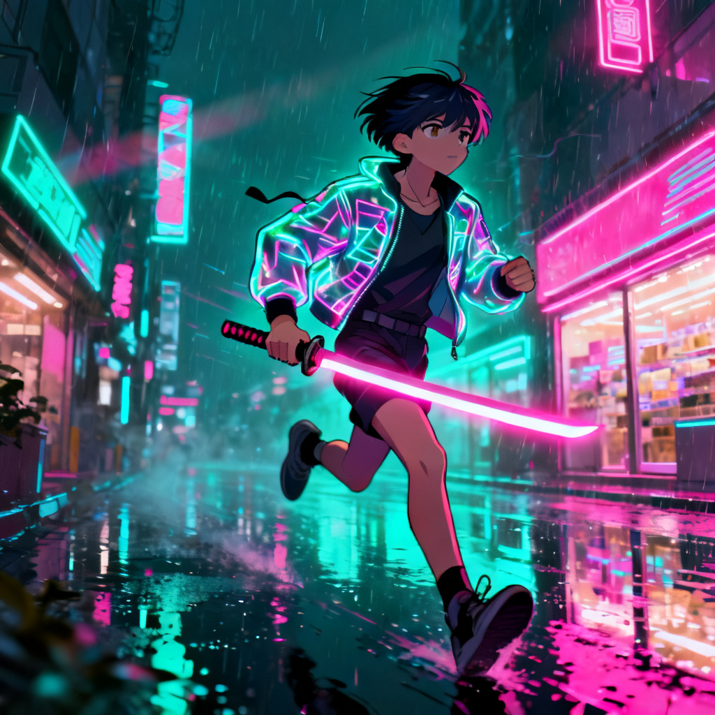 Cyberpunk anime OC with neon city background