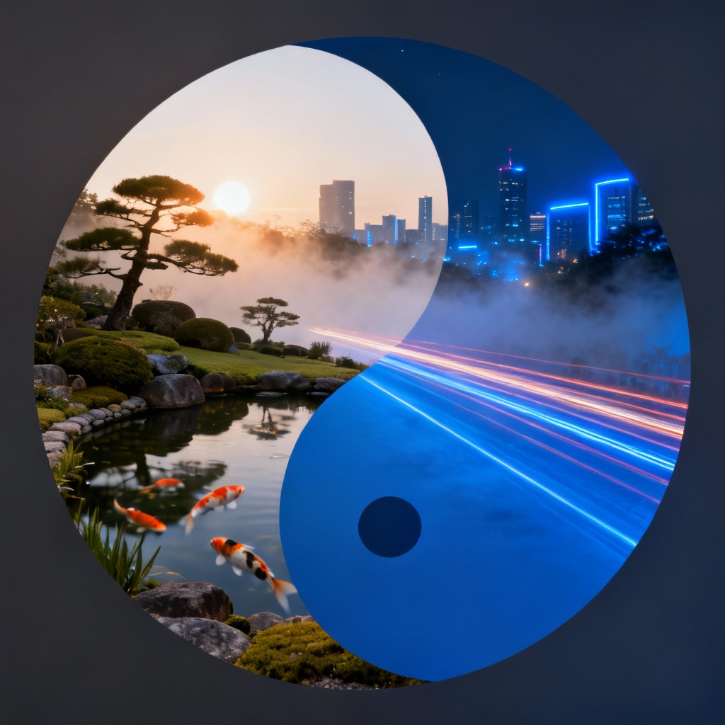 AI yin yang scene with garden and neon city