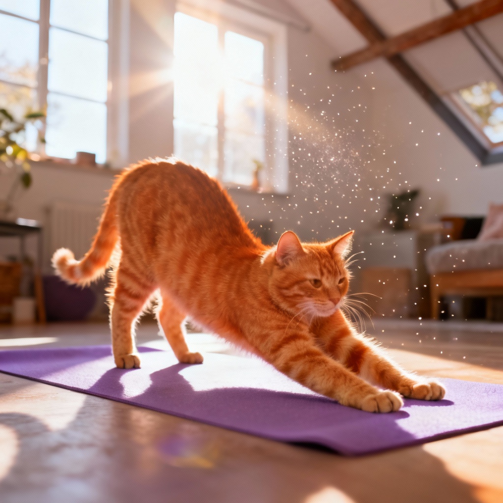 Photorealistic AI ginger cat doing a yoga stretch