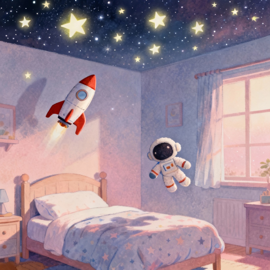 AI illustrated bedtime space dream with rocket and stars