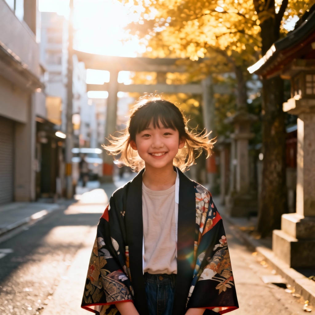 AI modern casual shrine maiden in an urban shrine alley