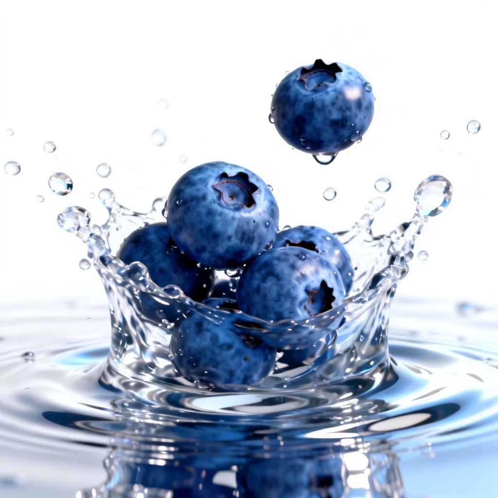 AI 3D render of blueberries splashing in water