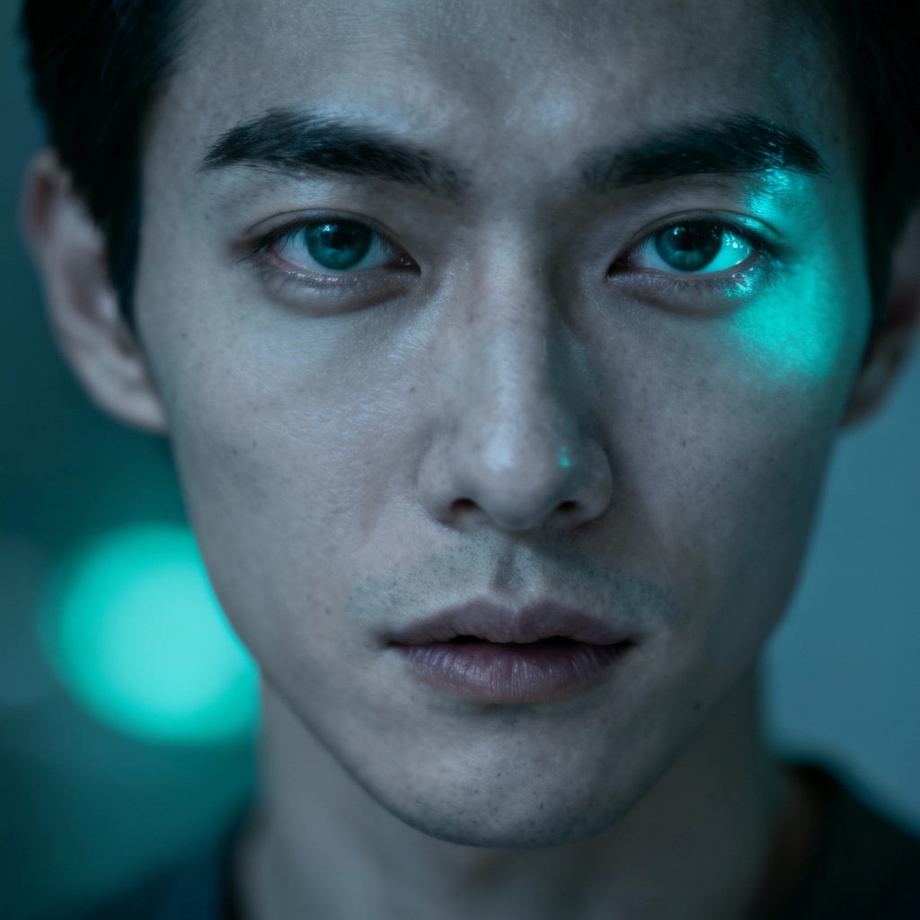 AI portrait with grayish blue skin in cinematic lighting