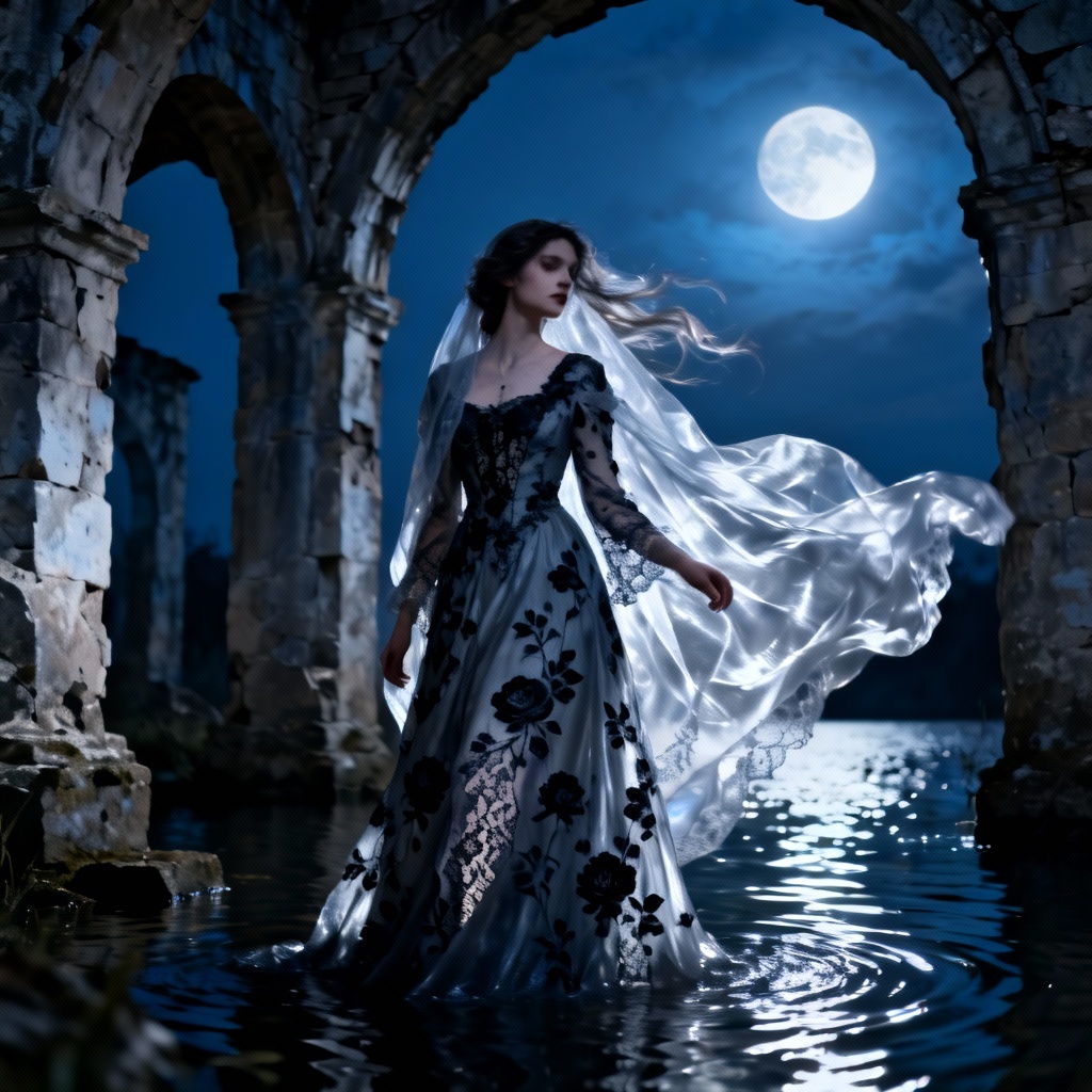AI Ophelia under moonlight beside gothic ruins and water