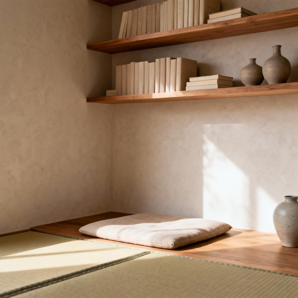 AI Japandi bookshelf nook with low profile shelves