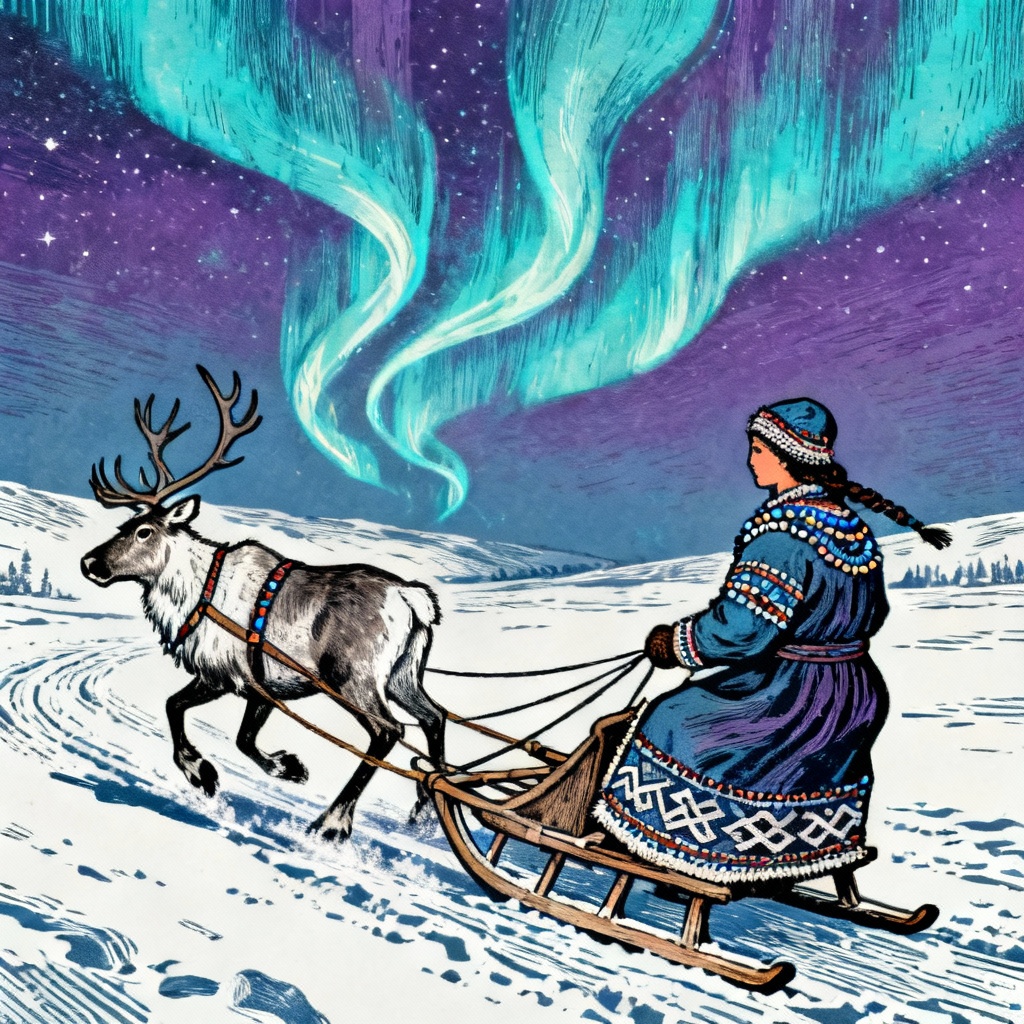 AI Nordic cultural illustration of a Sámi winter journey