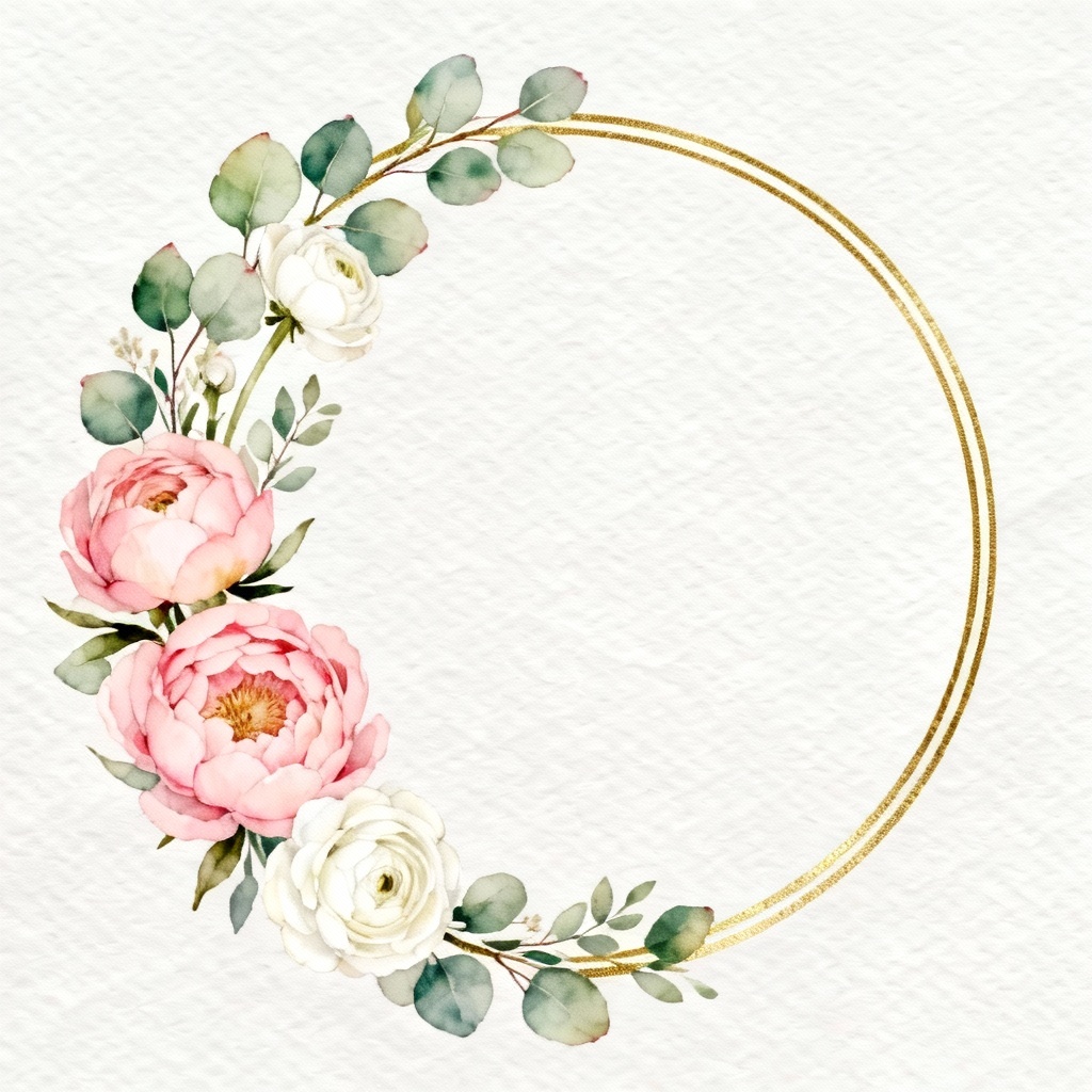 AI watercolor flower wreath with pink peonies and eucalyptus on white