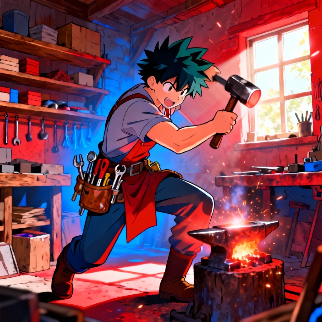AI anime craftsman hero in a cozy workshop scene