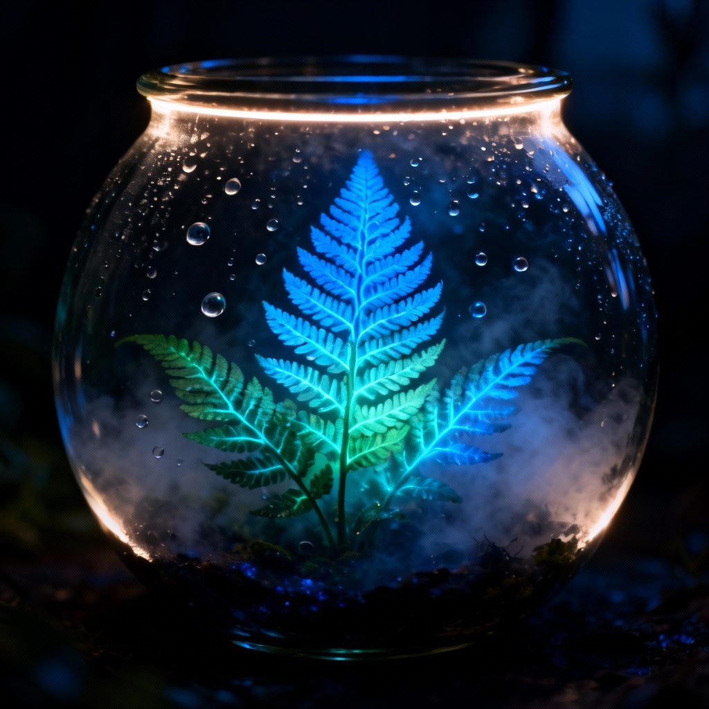 Bioluminescent fantasy fern in glass terrarium
