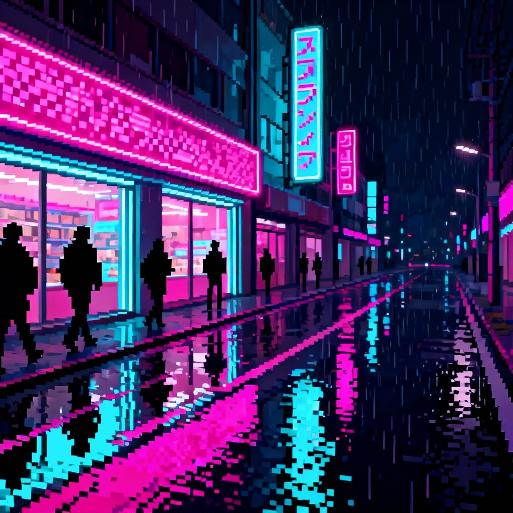 Neon city street in pixel mosaic effect