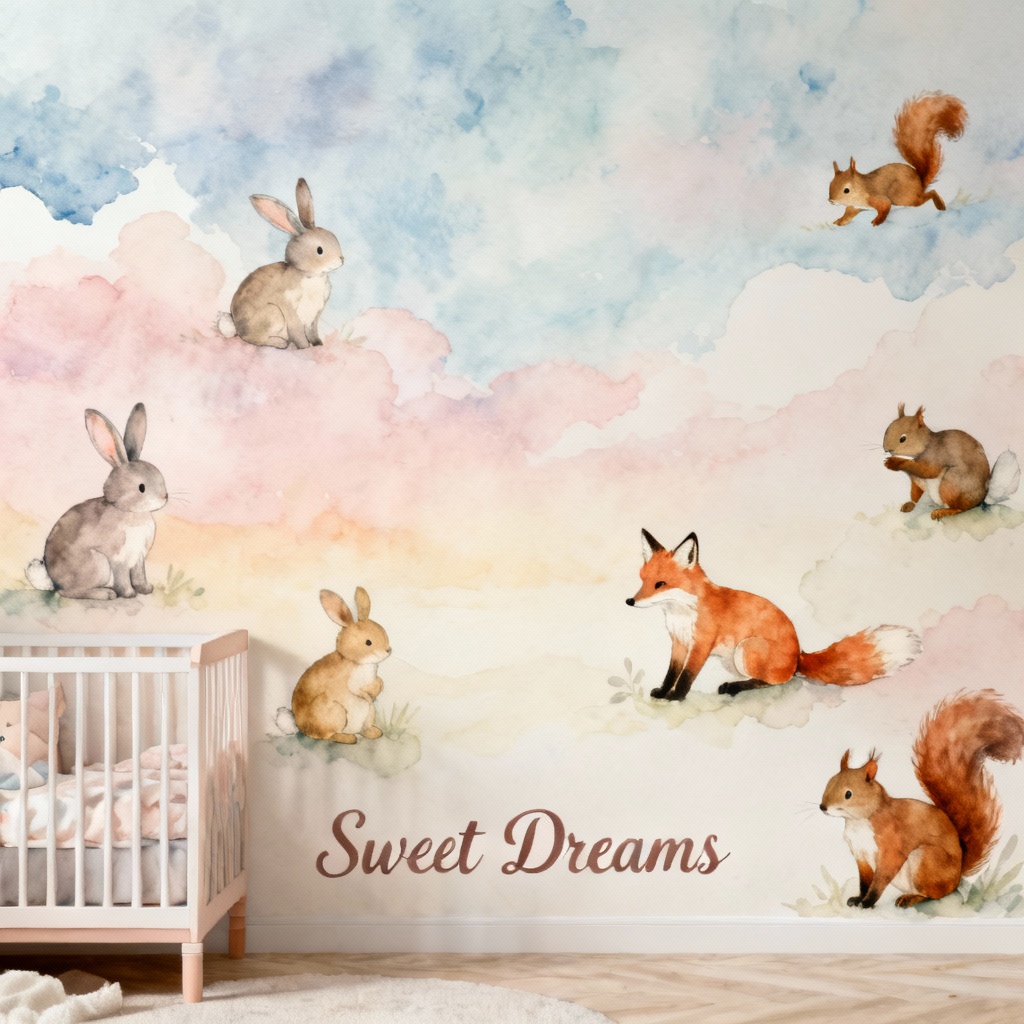 AI nursery mural with whimsical animals