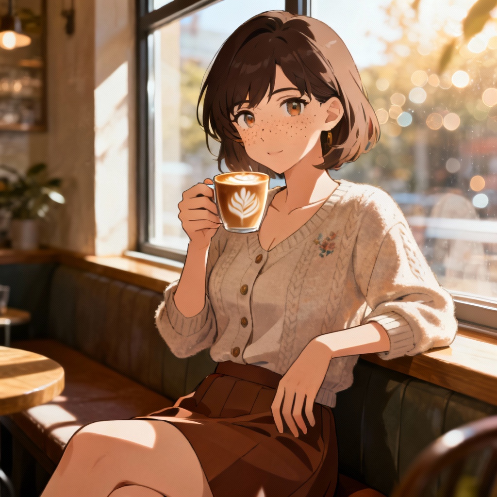 AI anime girlfriend at a cozy cafe by the window