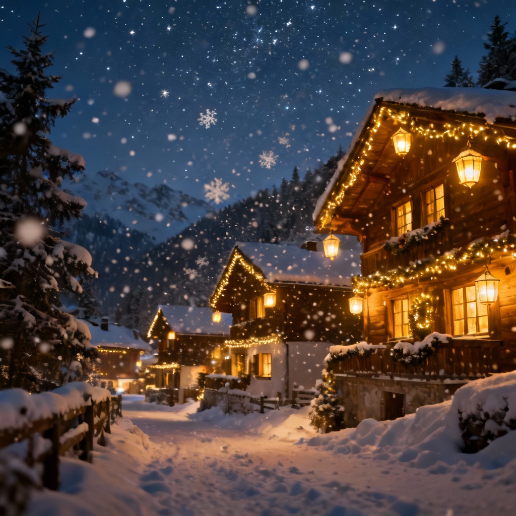 AI snowy Christmas village with glowing lights