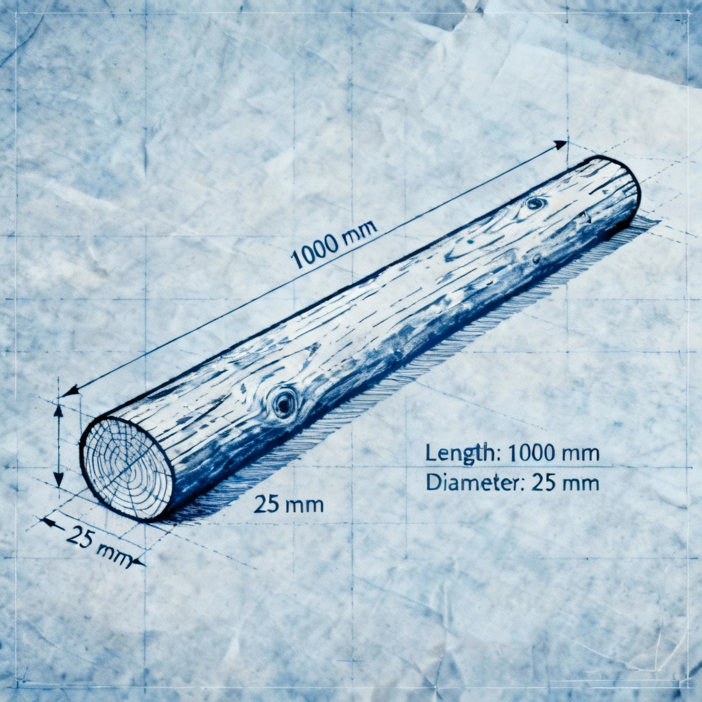 AI blueprint diagram of wooden stick with precise dimensions