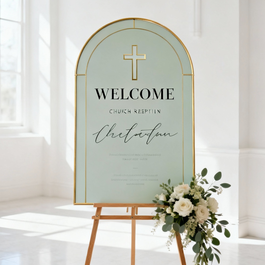 AI Christian wedding welcome sign with cross monogram