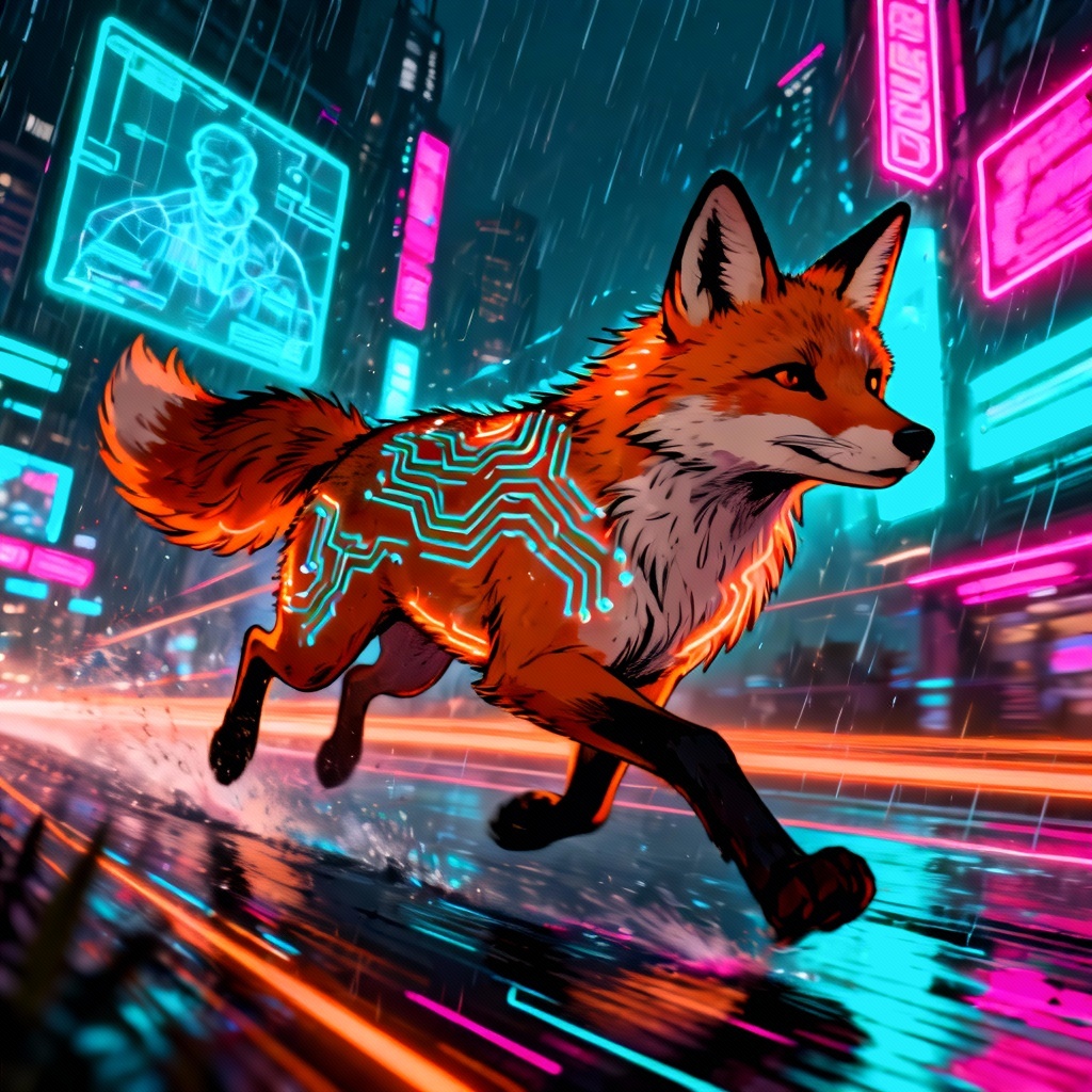 AI furry art of a neon cyberpunk fox character running at night
