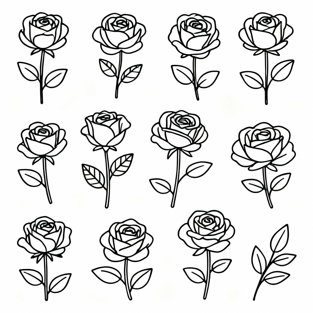 Minimalist monoline rose set with leaves