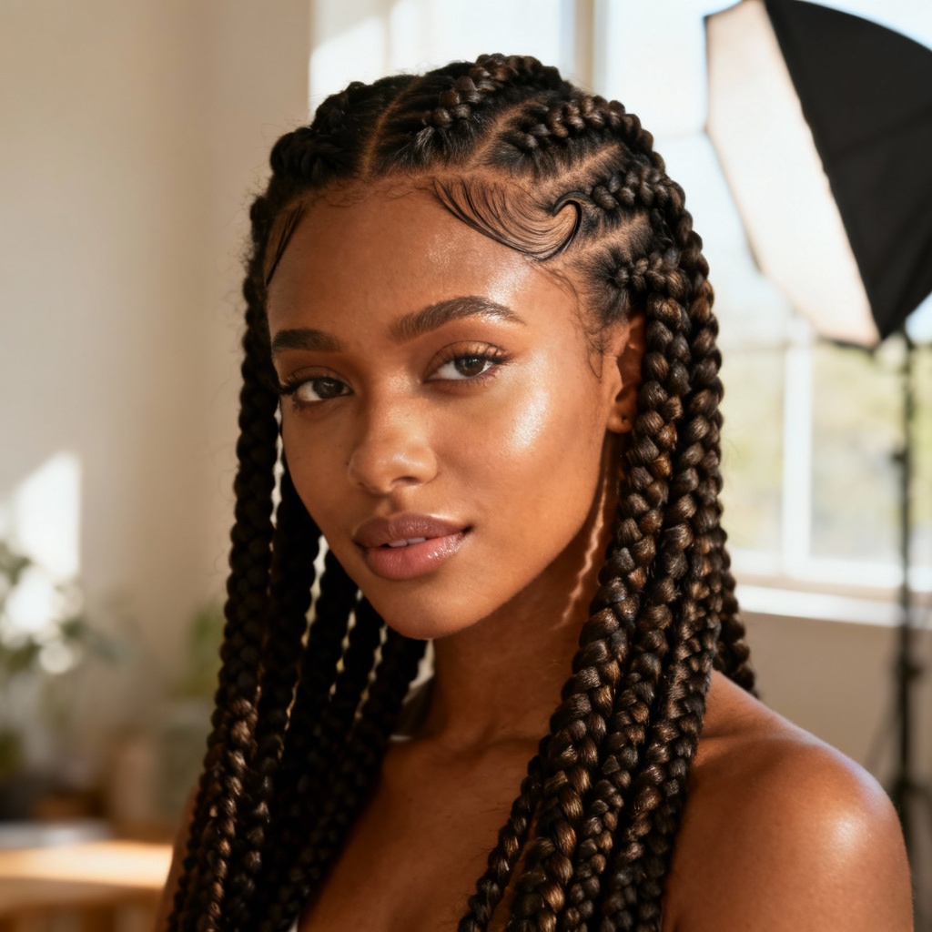 AI knotless box braids with heart-shaped parting