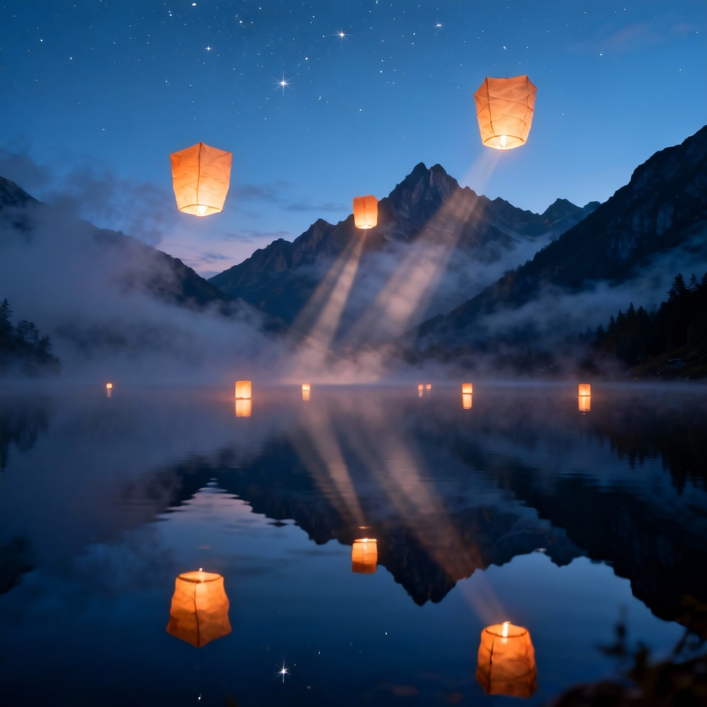 AI lantern sky over mountain lake background