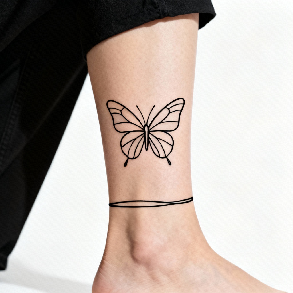 Minimalist fine-line butterfly ankle tattoo