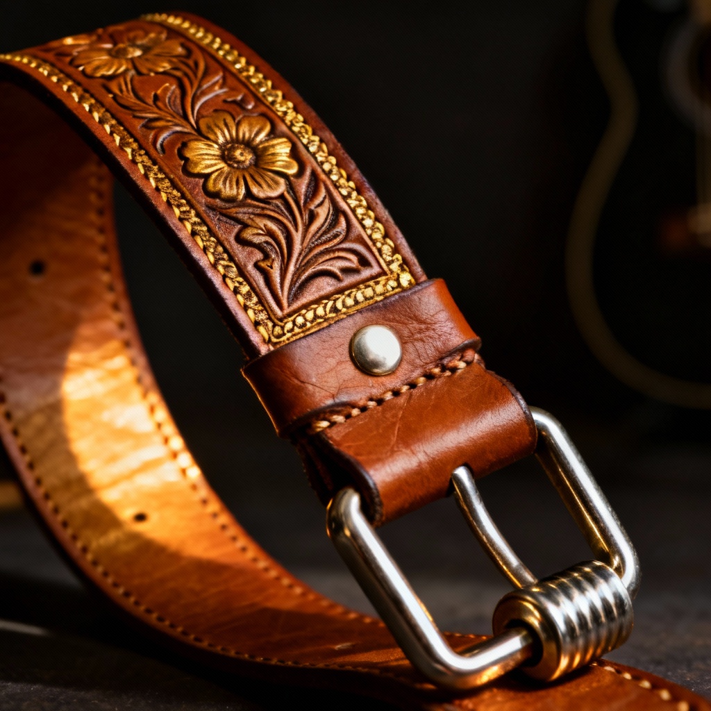 AI tooled leather guitar strap with floral pattern